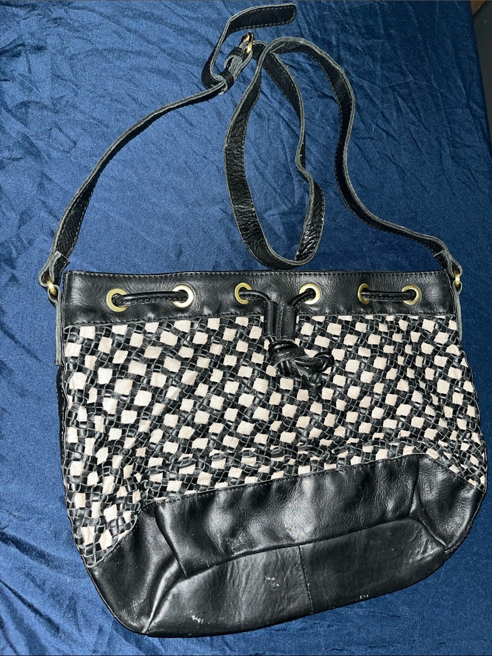 Black and Cream Woven Shoulder Bag with Leather Trim
